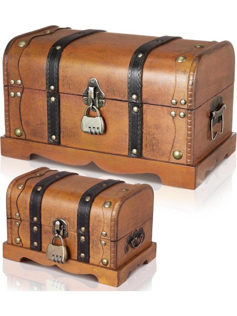 Set of 2 Curved-Top Wooden Treasure Chests with Secure Combination Lock